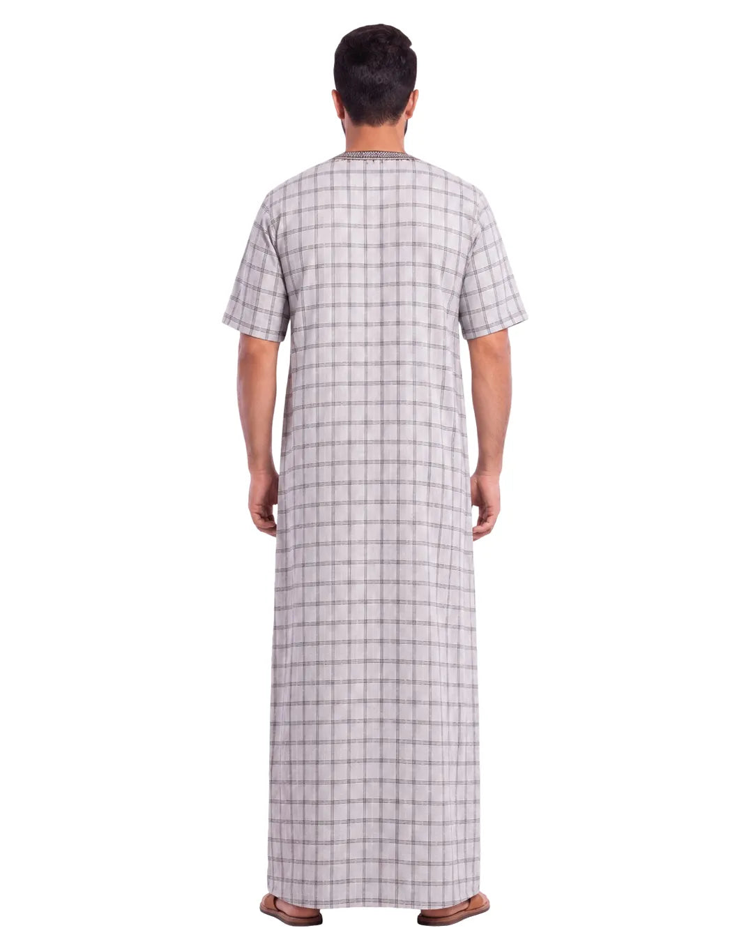 Al Khazz Premium Grey Checkered Embroidered Jalabiya for Men | Elegant Islamic Wear