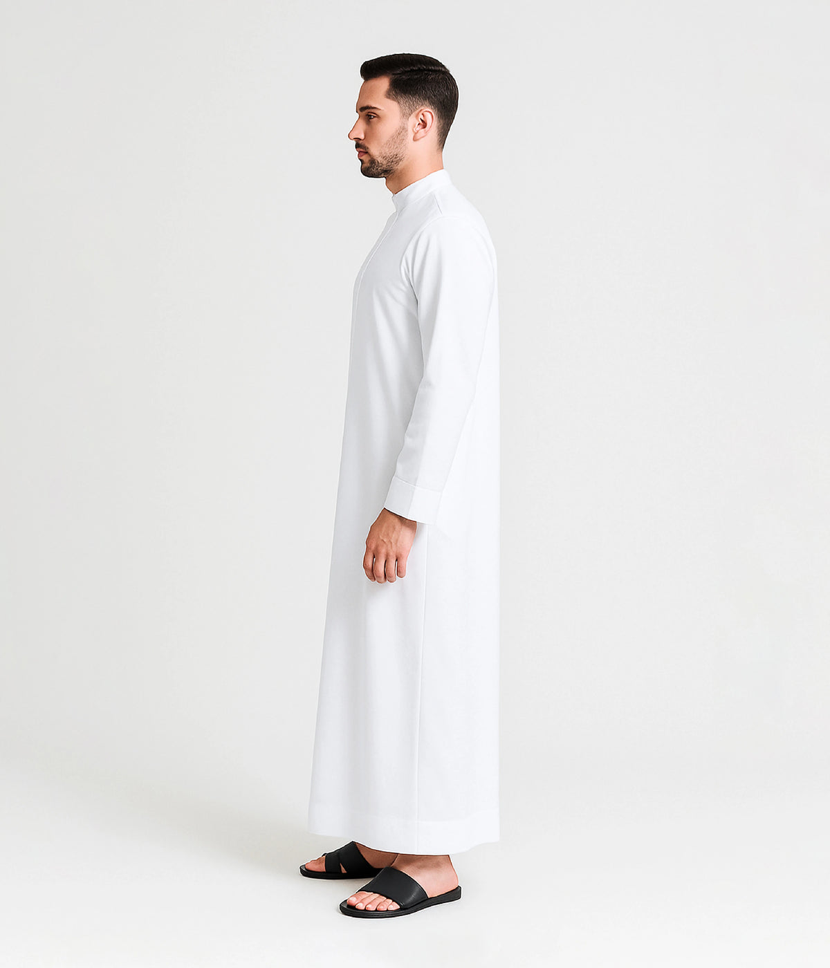 Side profile of white kandura for men Dubai