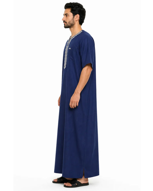 Al Khazz Premium Navy Blue Embroidered Jalabiya for Men | Traditional Islamic Wear
