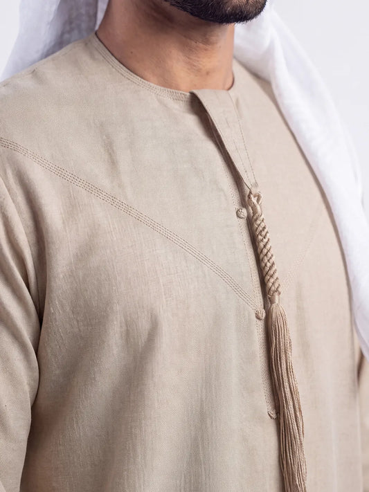 Sand Beige Emirati Thobe -Reda, 1865, Valdilana Exclusive Super 150's Fabric made in Italy, 100% wool