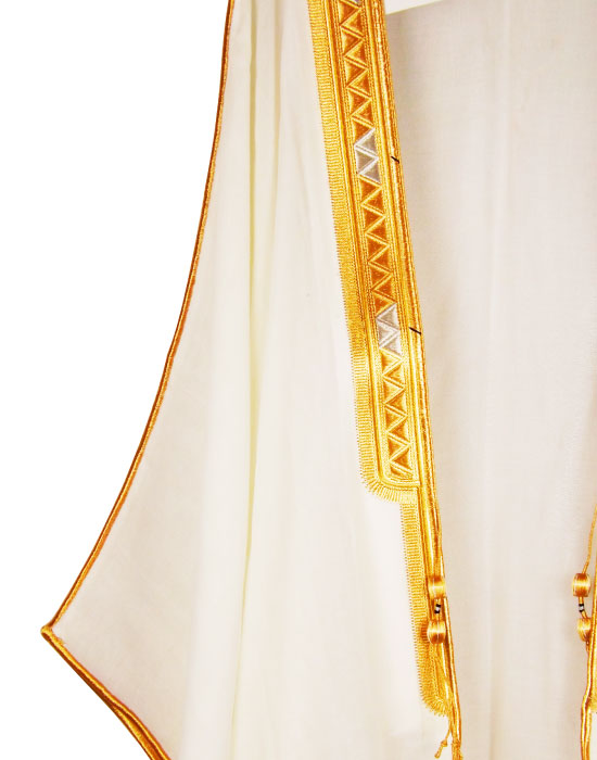 Traditional Emirati wedding white bisht with gold trim UAE