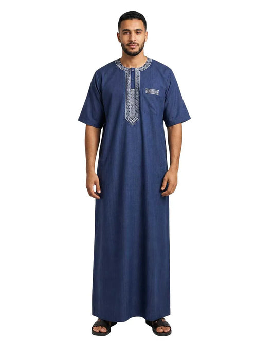 Al Khazz Premium Navy Blue Embroidered Jalabiya for Men | Elegant Islamic Wear