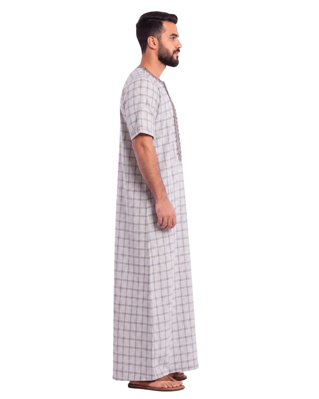 Al Khazz Premium Grey Checkered Embroidered Jalabiya for Men | Elegant Islamic Wear