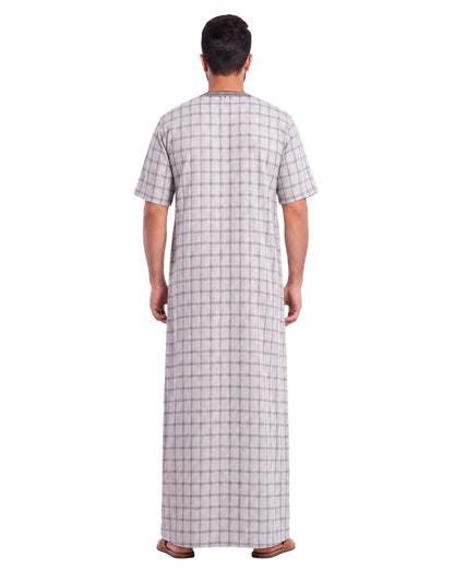 Al Khazz Premium Grey Checkered Embroidered Jalabiya for Men | Elegant Islamic Wear