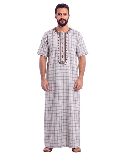 Al Khazz Premium Grey Checkered Embroidered Jalabiya for Men | Elegant Islamic Wear