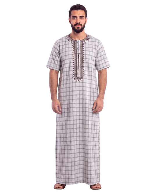 Al Khazz Premium Grey Checkered Embroidered Jalabiya for Men | Elegant Islamic Wear