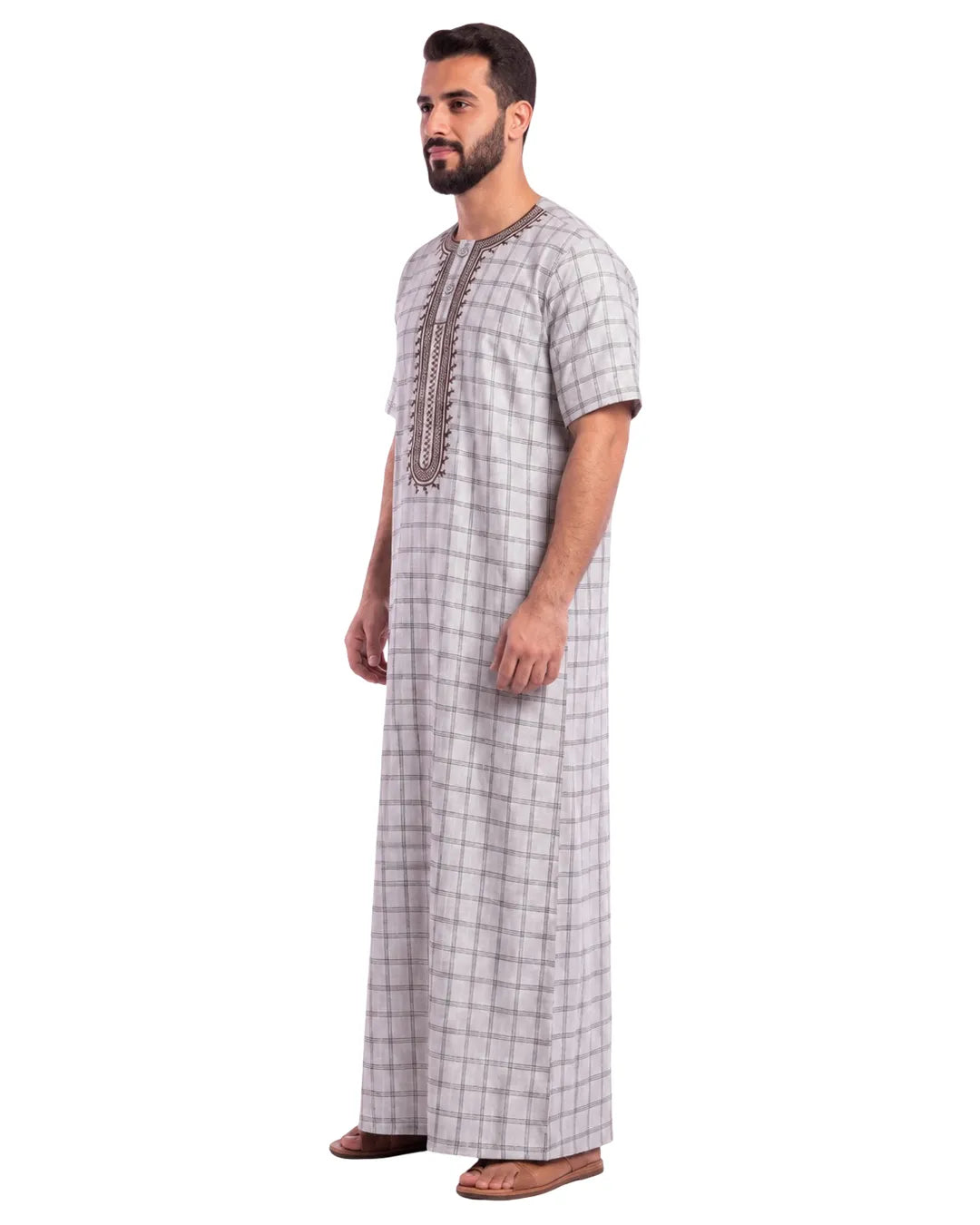 Al Khazz Premium Grey Checkered Embroidered Jalabiya for Men | Elegant Islamic Wear