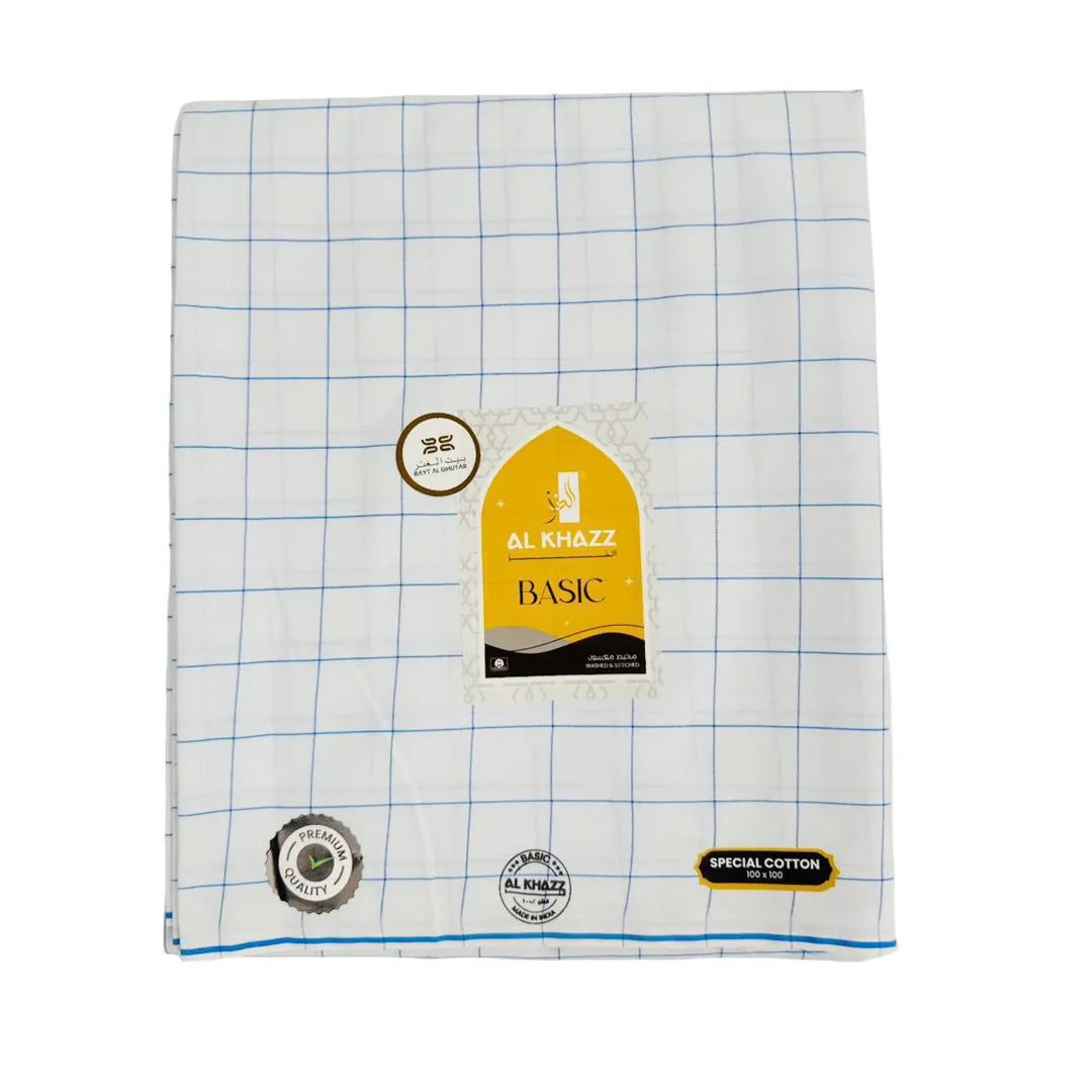 Al Khazz Basic White Wuzar – Lightweight Cotton with Stylish Checked Borderline