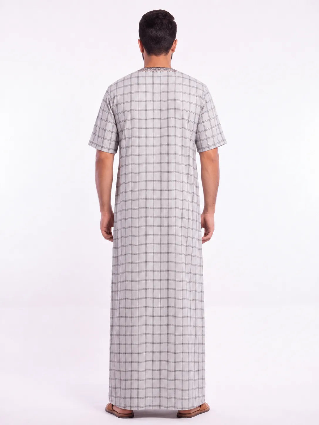 Al Khazz Premium Grey Checkered Embroidered Jalabiya for Men | Elegant Islamic Wear