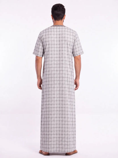 Al Khazz Premium Grey Checkered Embroidered Jalabiya for Men | Elegant Islamic Wear