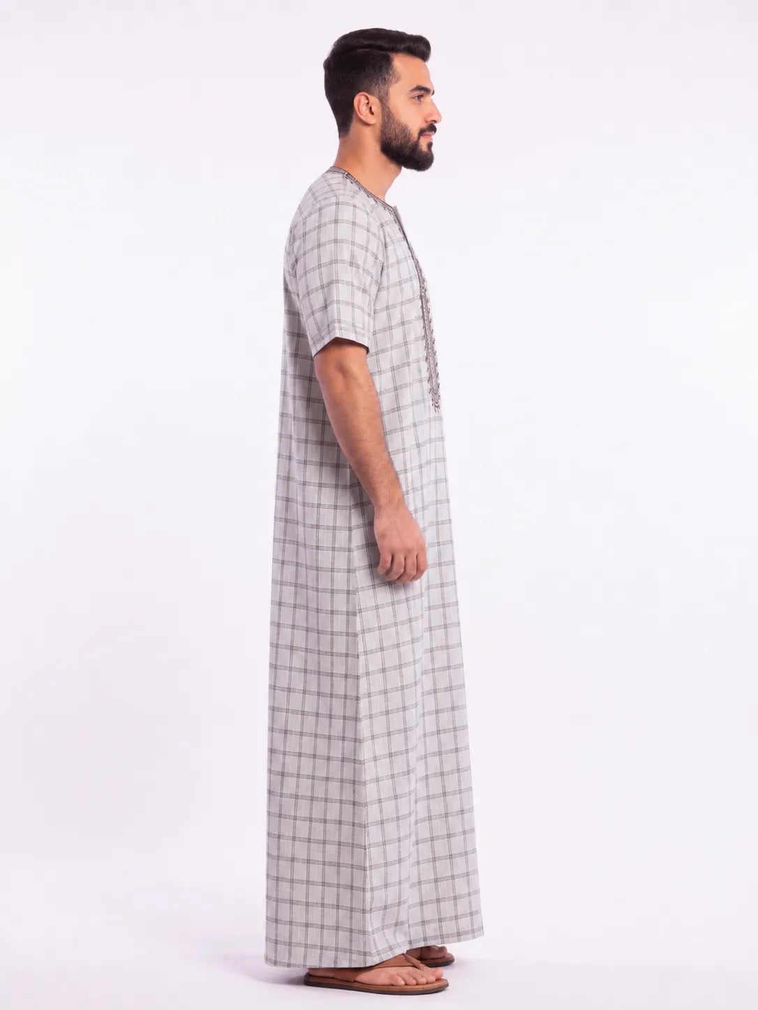 Al Khazz Premium Grey Checkered Embroidered Jalabiya for Men | Elegant Islamic Wear
