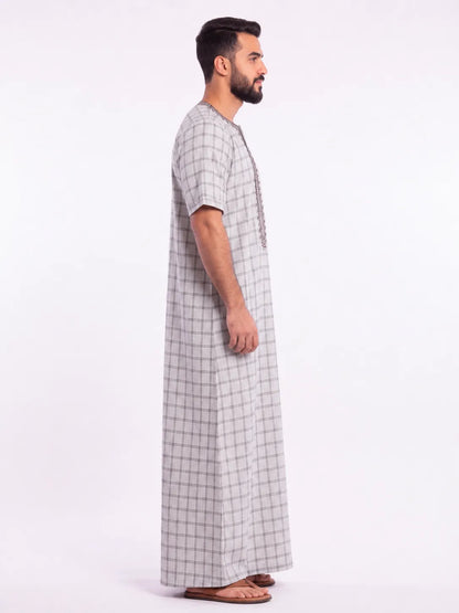 Al Khazz Premium Grey Checkered Embroidered Jalabiya for Men | Elegant Islamic Wear