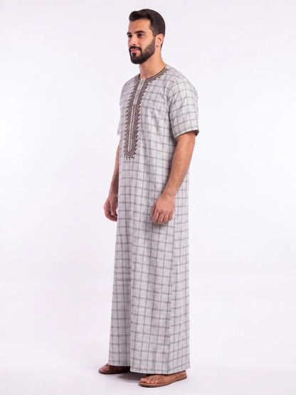Al Khazz Premium Grey Checkered Embroidered Jalabiya for Men | Elegant Islamic Wear