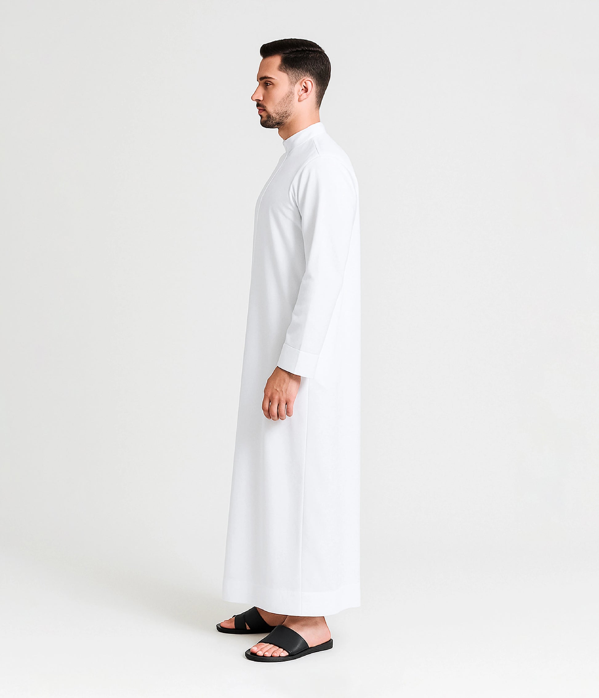 Side profile of white kandura for men Dubai