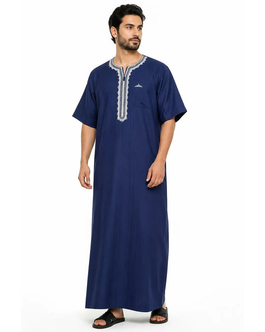 Al Khazz Premium Navy Blue Embroidered Jalabiya for Men | Traditional Islamic Wear