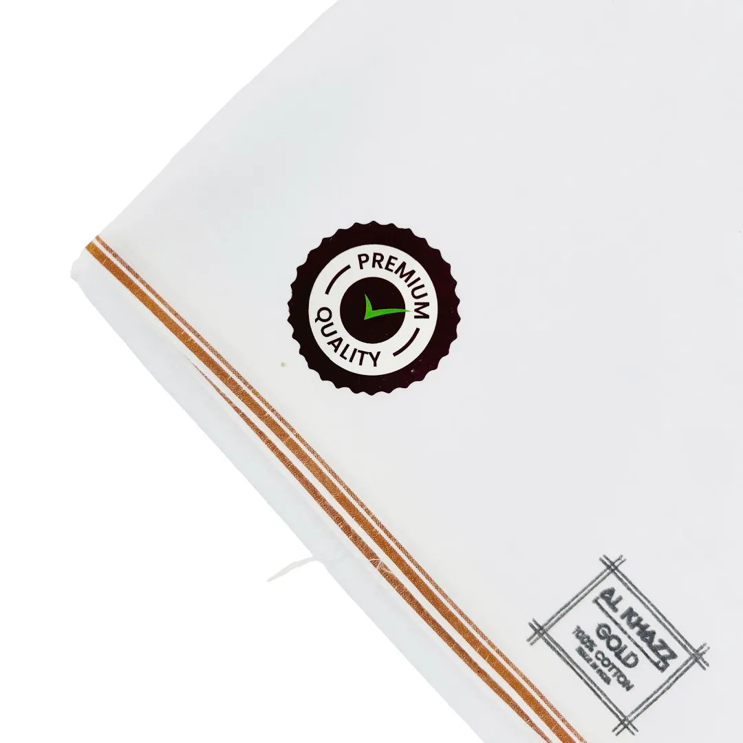 AL KHAZZ GOLD Classic White Wuzar with Signature Borders Premium Cotton UAE Style