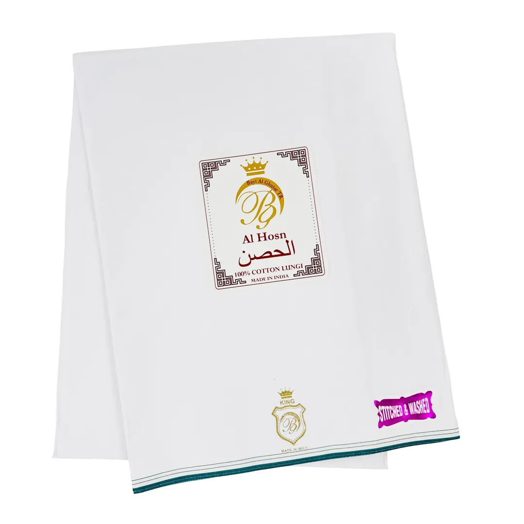 Premium-White-Cotton-Wuzar-with-Green-Border-Line-Stitched-Washed-Lungi-al hosn 