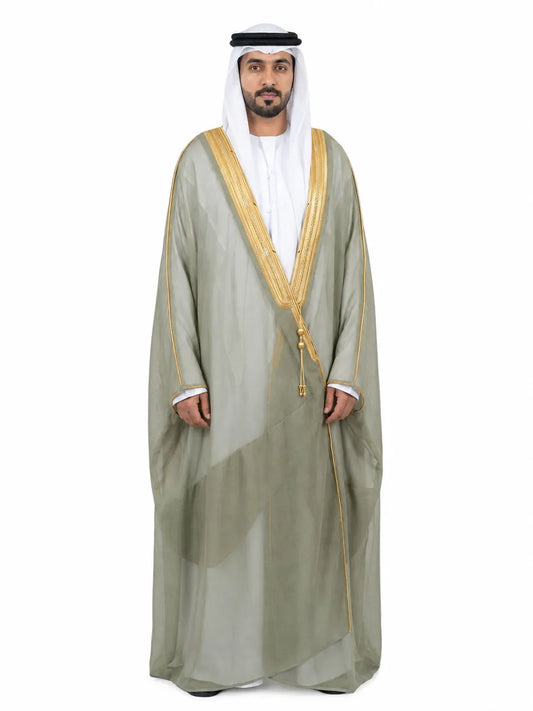 Al Siyaaf Premium Handcrafted Sage Green Bisht with Gold Embroidery