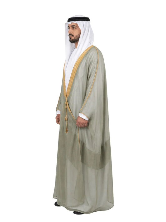 Al Siyaaf Premium Handcrafted Sage Green Bisht with Gold Embroidery