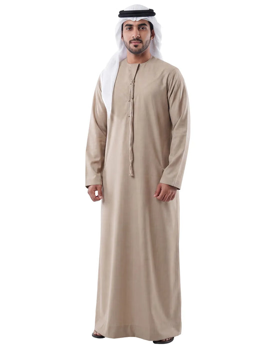 Sand Beige Emirati Thobe -Reda, 1865, Valdilana Exclusive Super 150's Fabric made in Italy, 100% wool