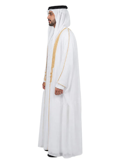 Luxury White Men's Bisht with Premium Gold Embroidery