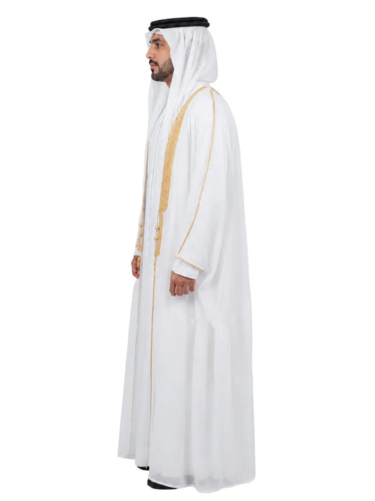 Al Siyaaf Luxury White Men's Bisht with Premium Gold Embroidery