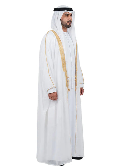 Luxury White Men's Bisht with Premium Gold Embroidery