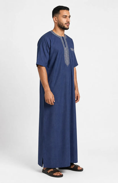 Al Khazz Premium Navy Blue Embroidered Jalabiya for Men | Elegant Islamic Wear
