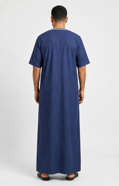 Al Khazz Premium Navy Blue Embroidered Jalabiya for Men | Elegant Islamic Wear