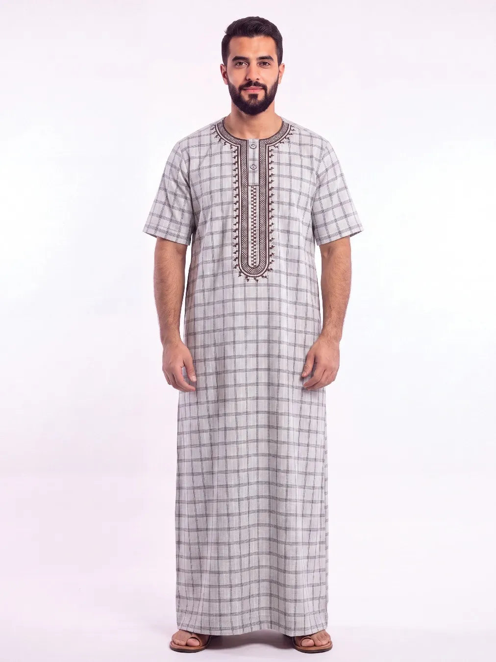 Al Khazz Premium Grey Checkered Embroidered Jalabiya for Men | Elegant Islamic Wear