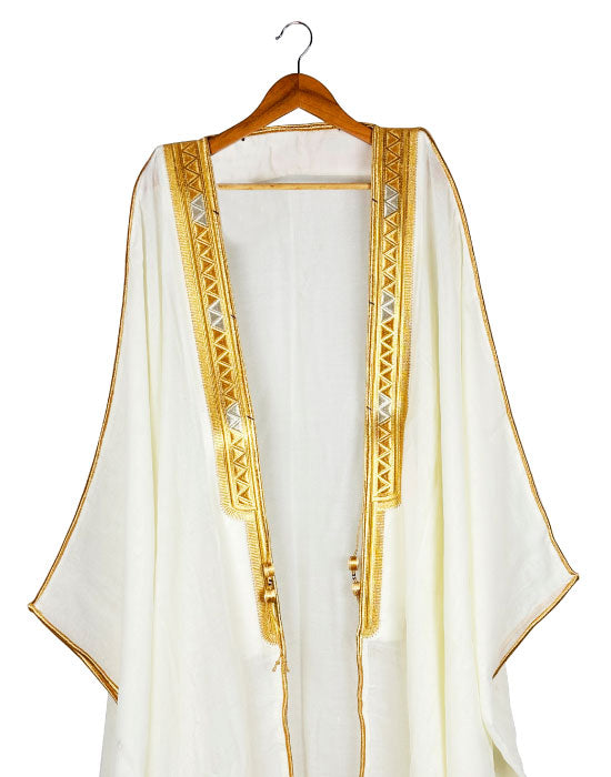 White Bisht Emirati traditional cloak with golden embroidery UAE